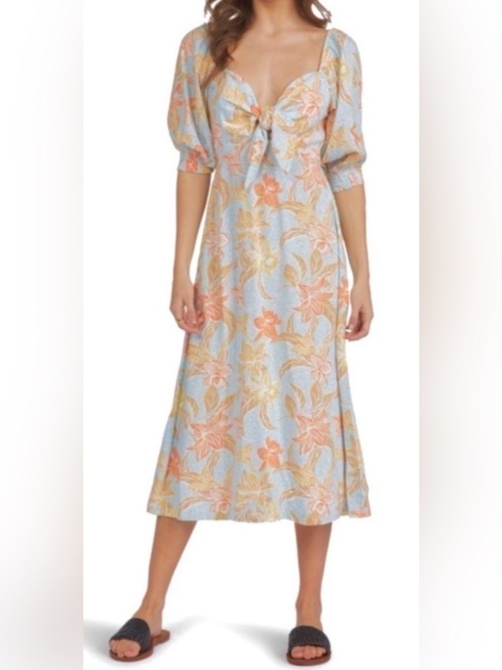 Roxy Blue Floral Midi Dress with Peach Accents